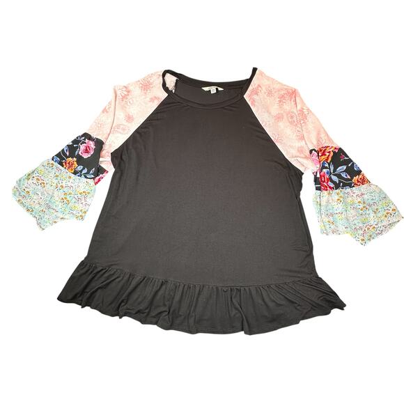Pioneer Woman Shirt Womens XXXXL Black Floral with Raglan Sleeves Peplum Top - Picture 1 of 11